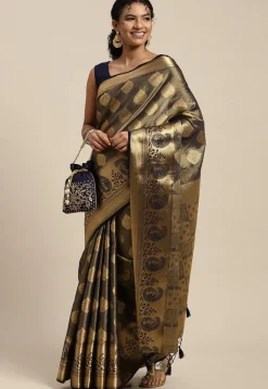 Woven Bangalore Silk Saree in Charcoal Black