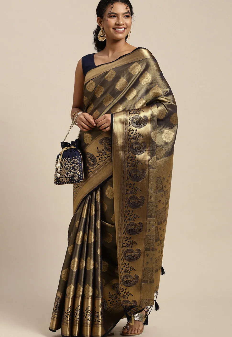 Woven Bangalore Silk Saree in Charcoal Black