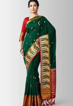 Woven Bangalore Silk Saree in Dark Green