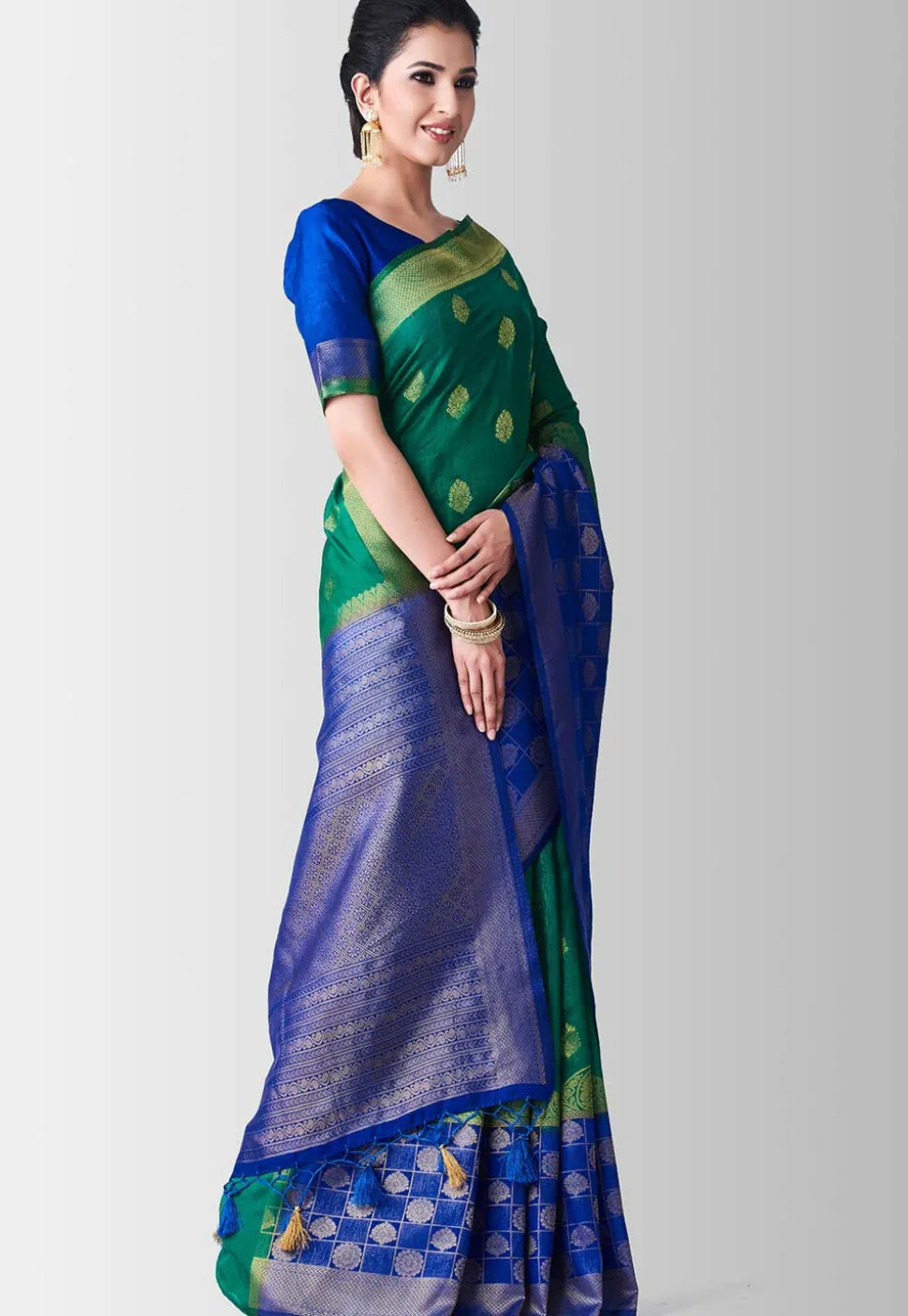 Woven Bangalore Silk Saree in Teal Green