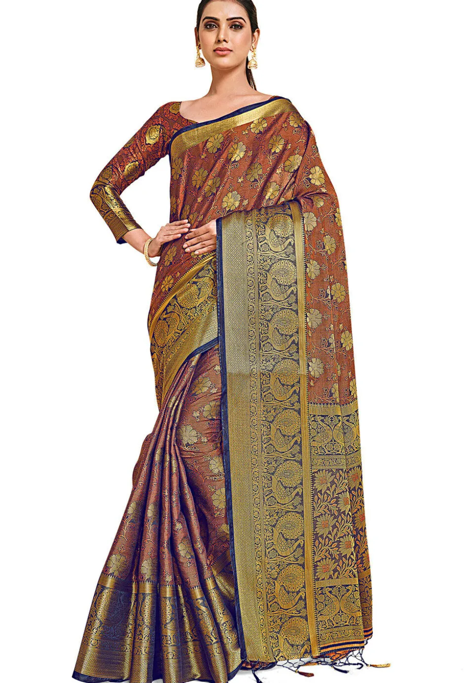 Woven Bangalore Silk Saree in Rust
