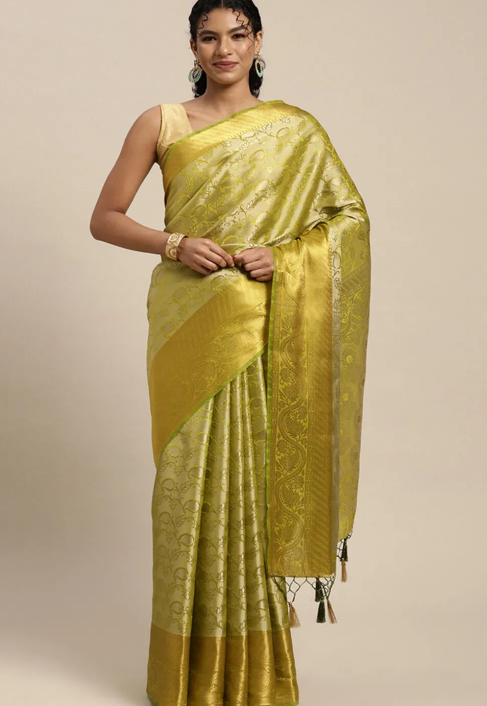 Woven Bangalore Silk Saree in Light Olive Green
