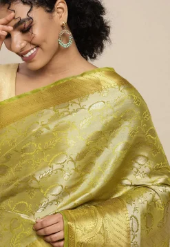 Woven Bangalore Silk Saree in Light Olive Green