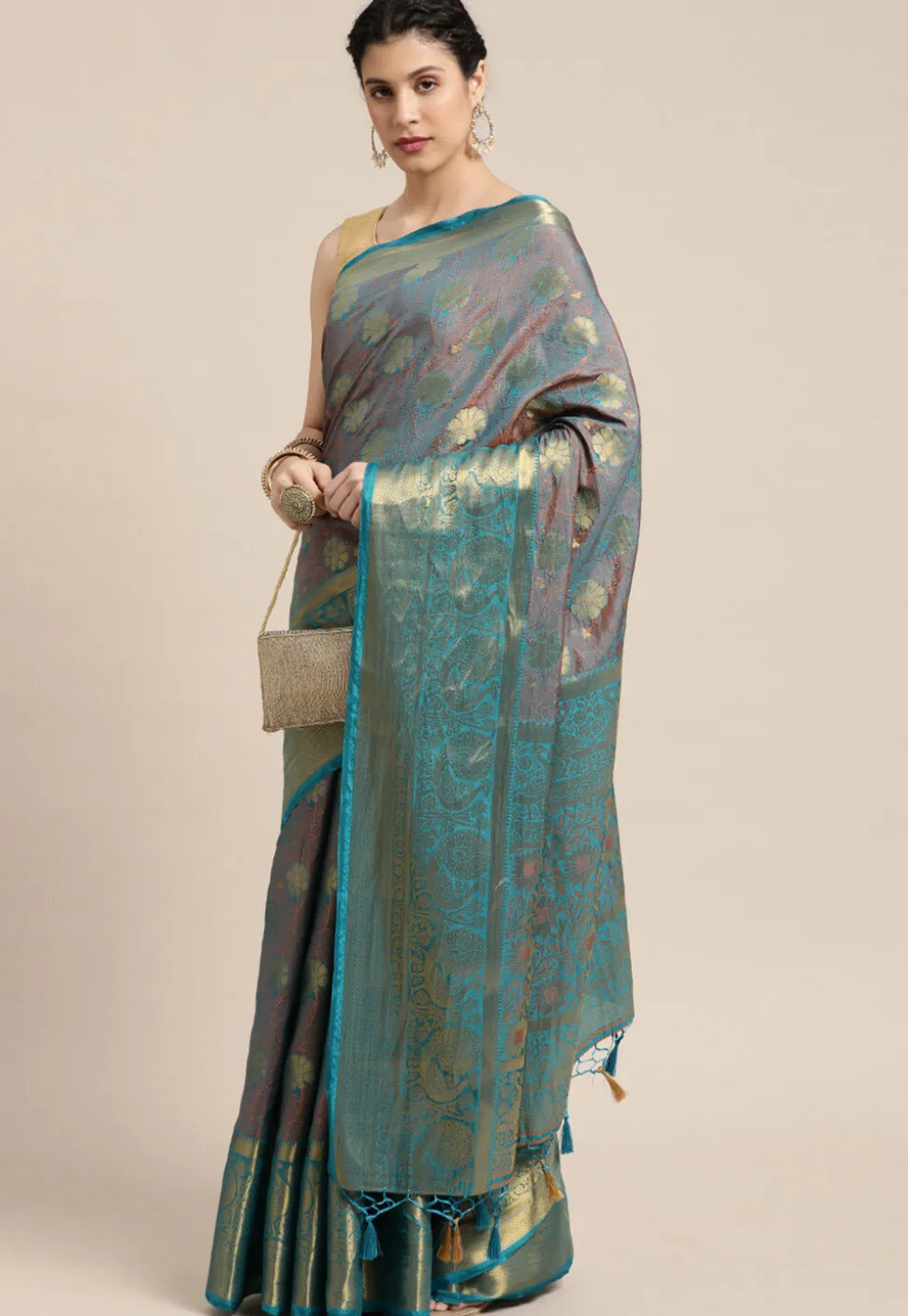 Woven Bangalore Silk Saree in Turquoise