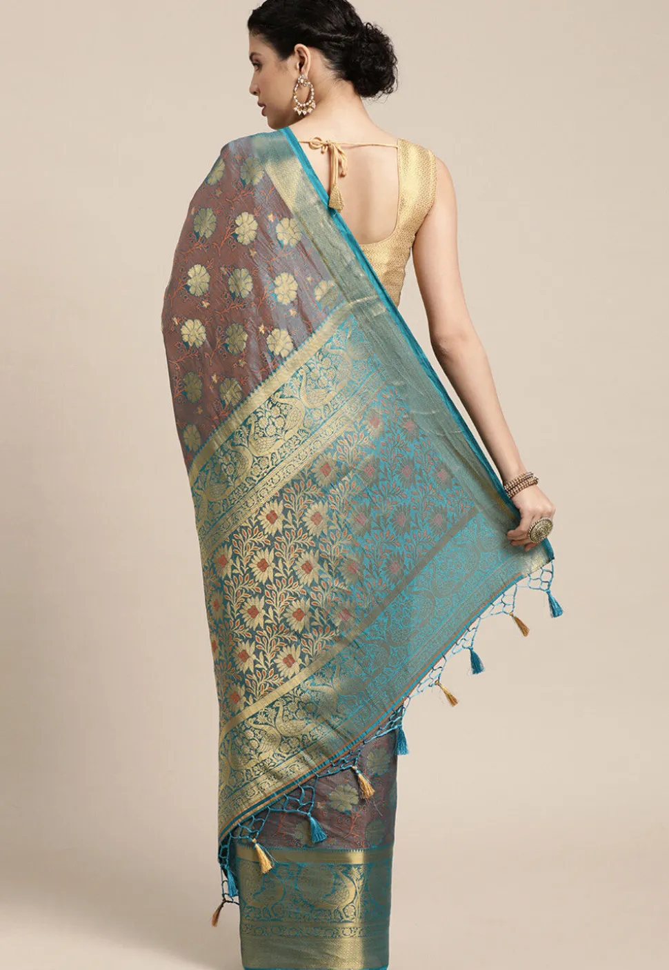 Woven Bangalore Silk Saree in Turquoise