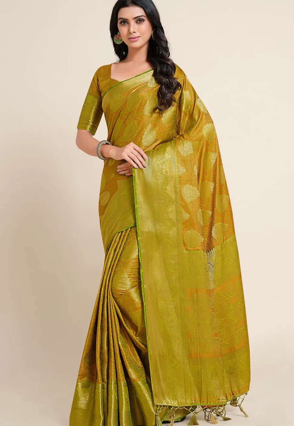 Woven Bangalore Silk Saree in Olive Green