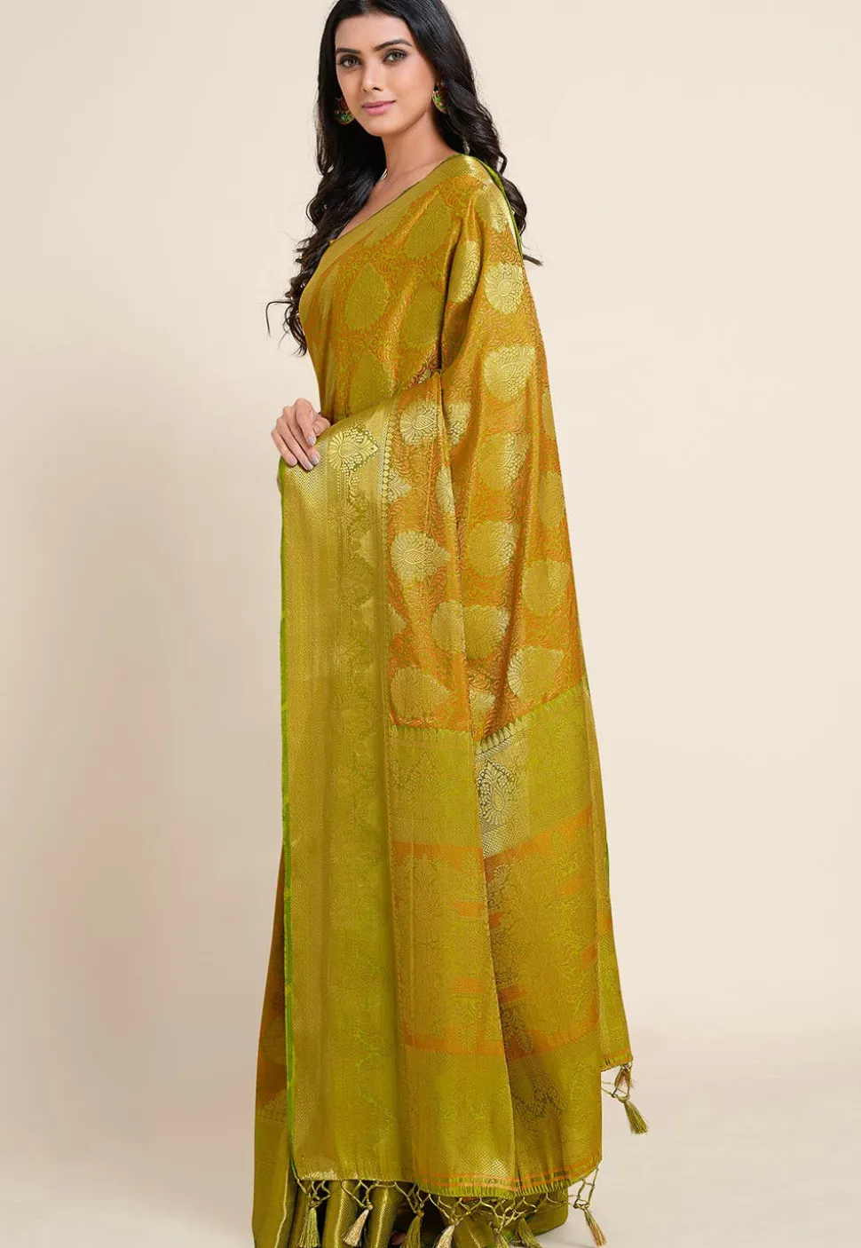 Woven Bangalore Silk Saree in Olive Green