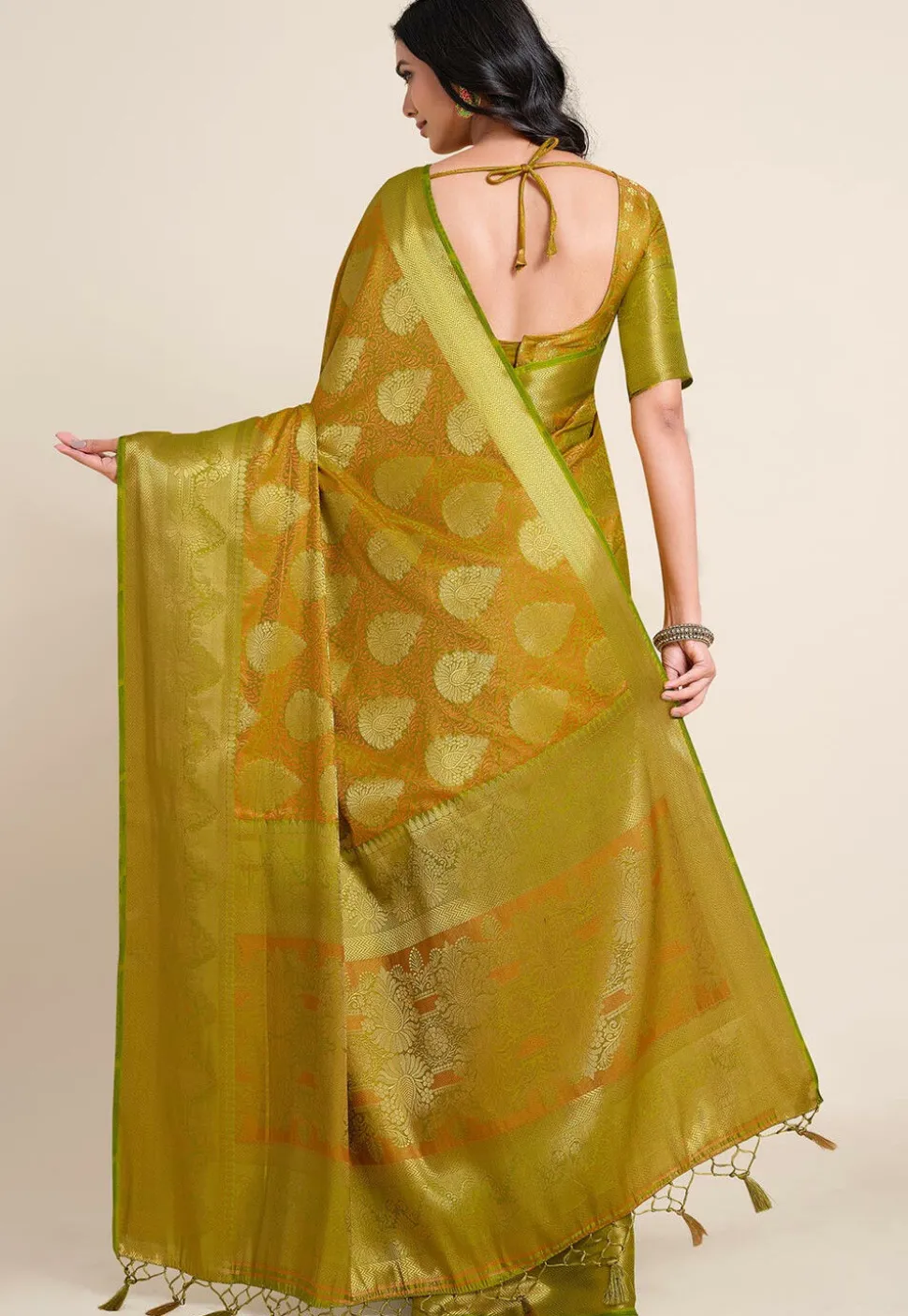 Woven Bangalore Silk Saree in Olive Green