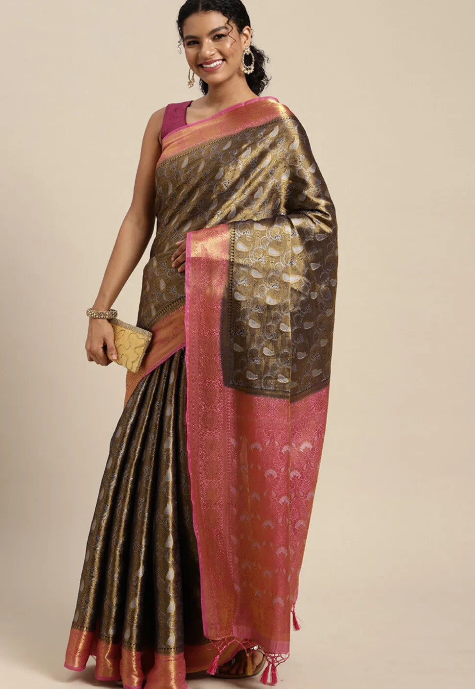 Woven Bangalore Silk Saree in Golden and Dark Blue