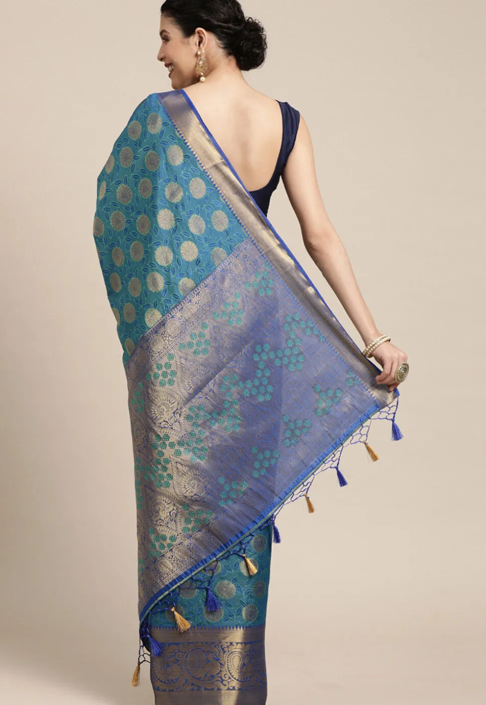 Woven Bangalore Silk Saree in Dusty Blue