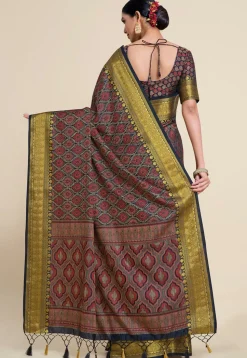 Woven Bangalore Silk Saree in Dark Blue and Red