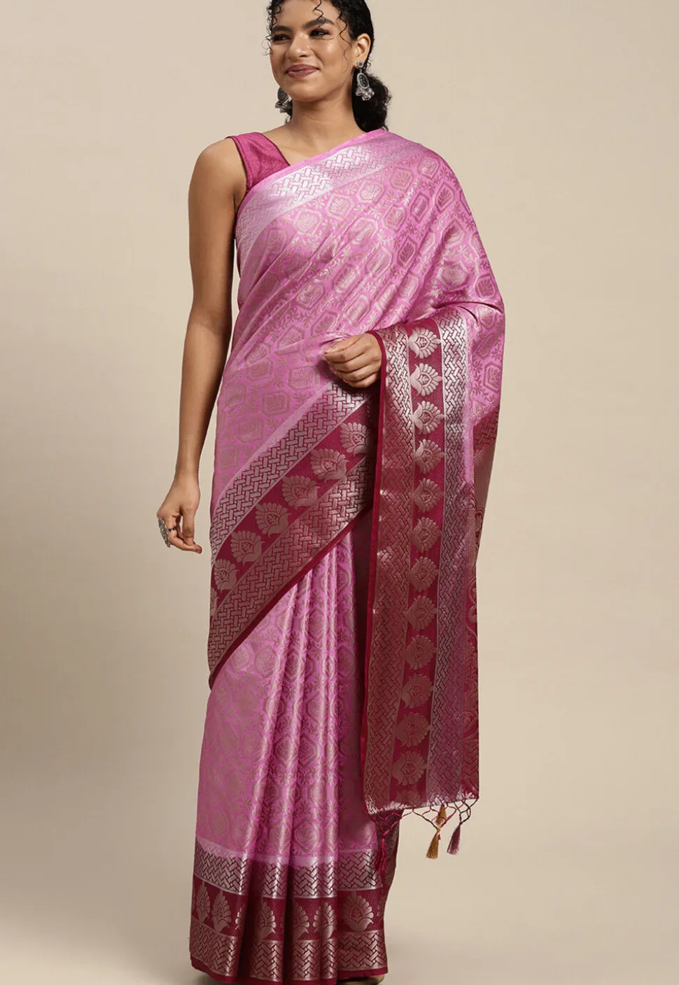 Woven Bangalore Silk Saree in Pink