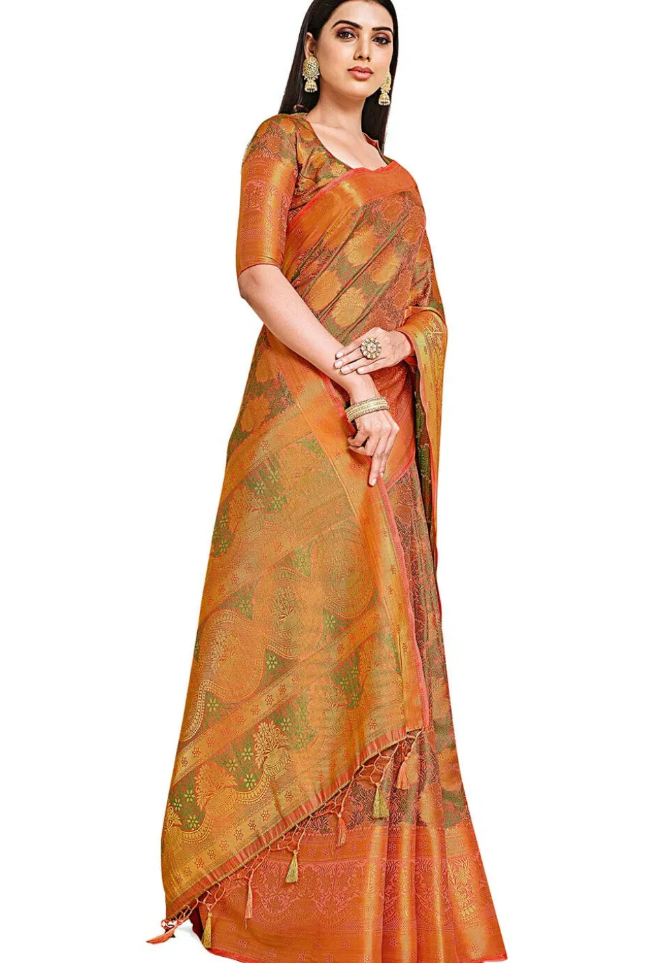 Woven Bangalore Silk Saree in Peach Orange