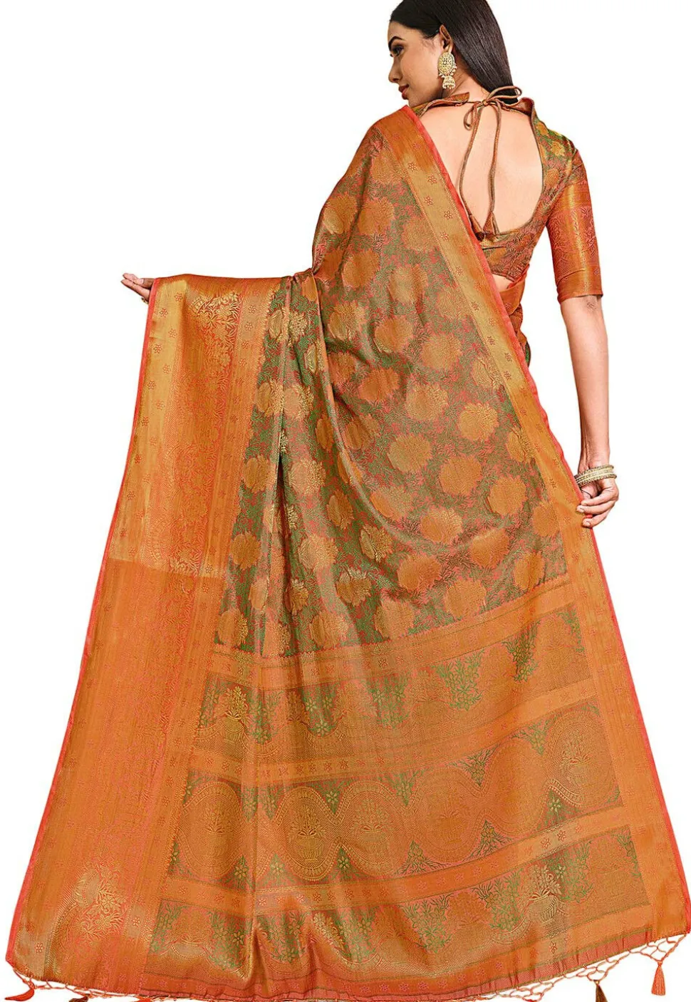 Woven Bangalore Silk Saree in Peach Orange