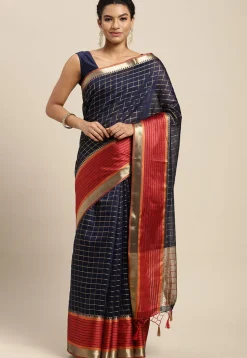 Woven Bangalore Silk Saree in Navy Blue