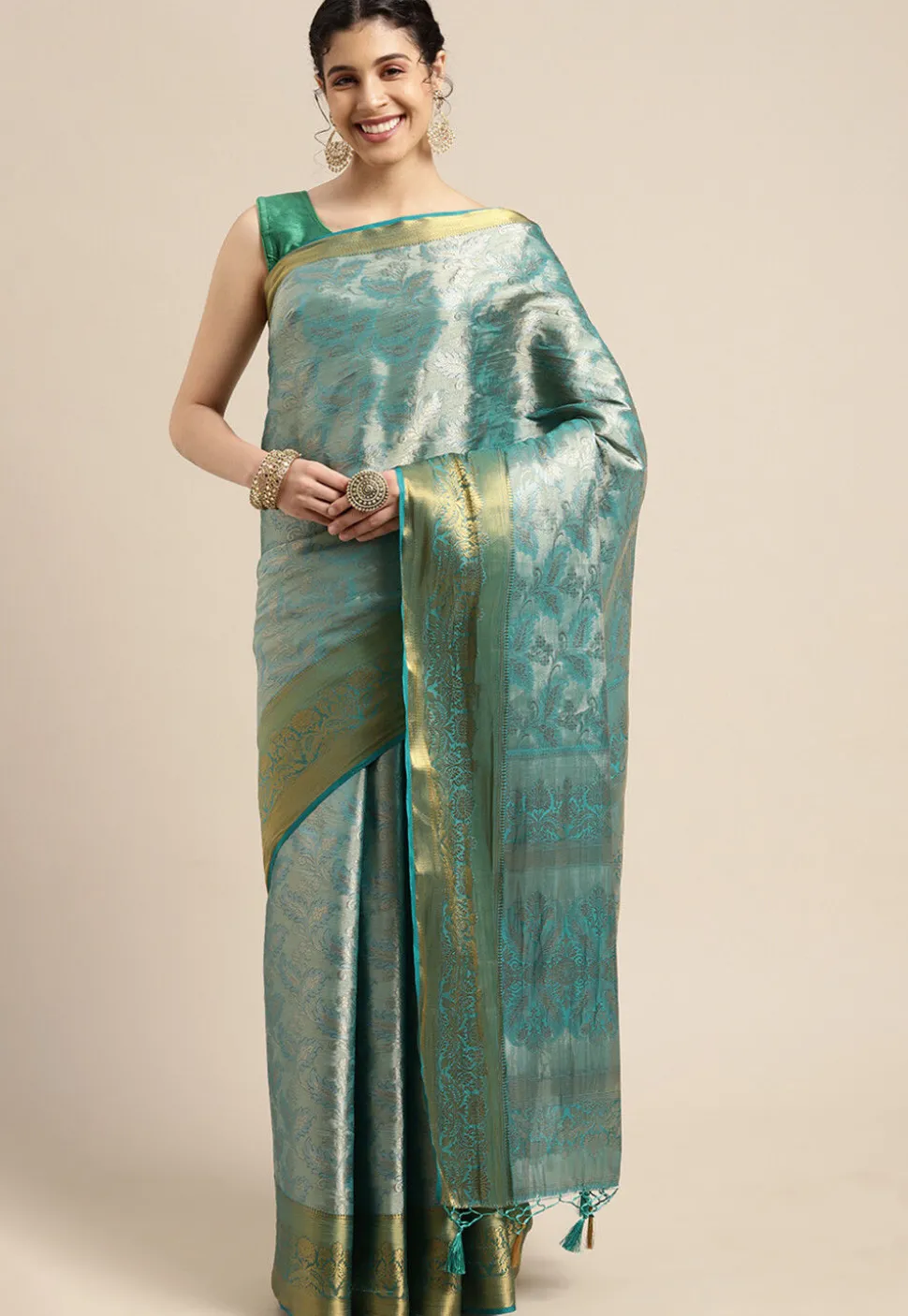 Woven Bangalore Silk Saree in Light Teal Blue