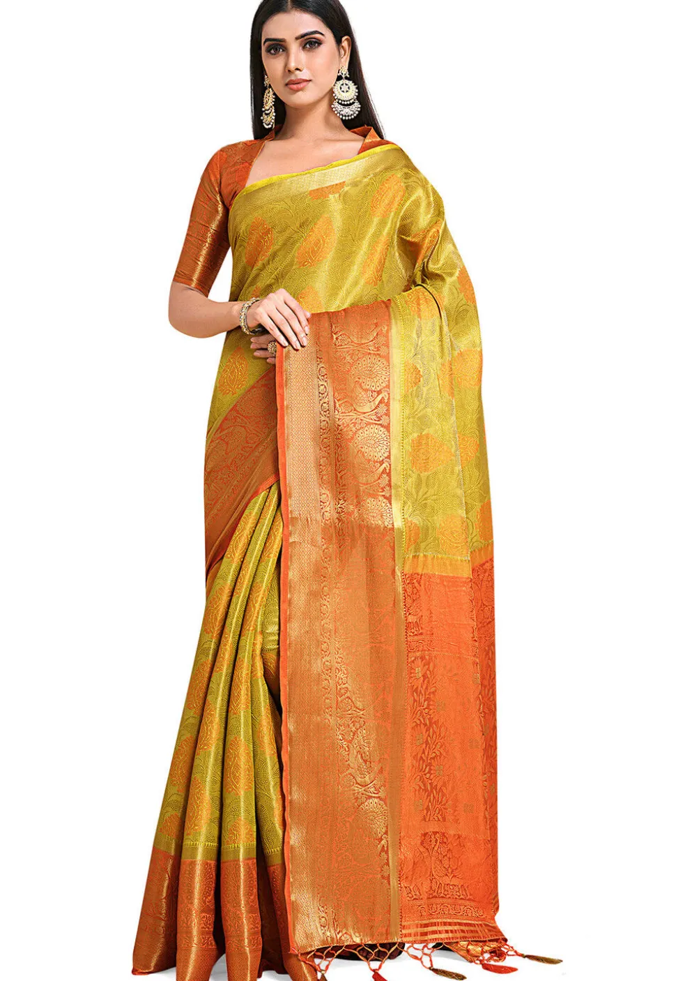 Woven Bangalore Silk Saree in Light Olive Green
