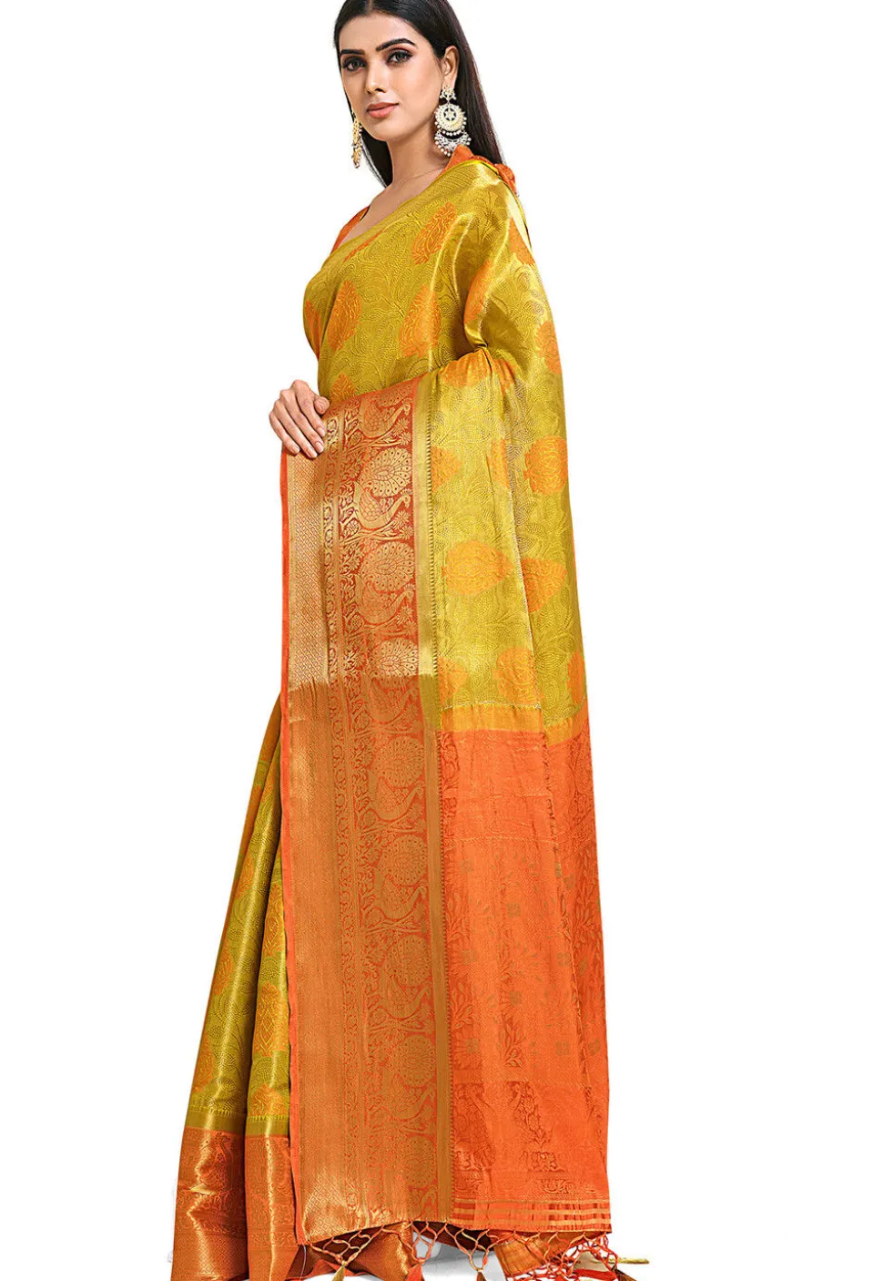 Woven Bangalore Silk Saree in Light Olive Green
