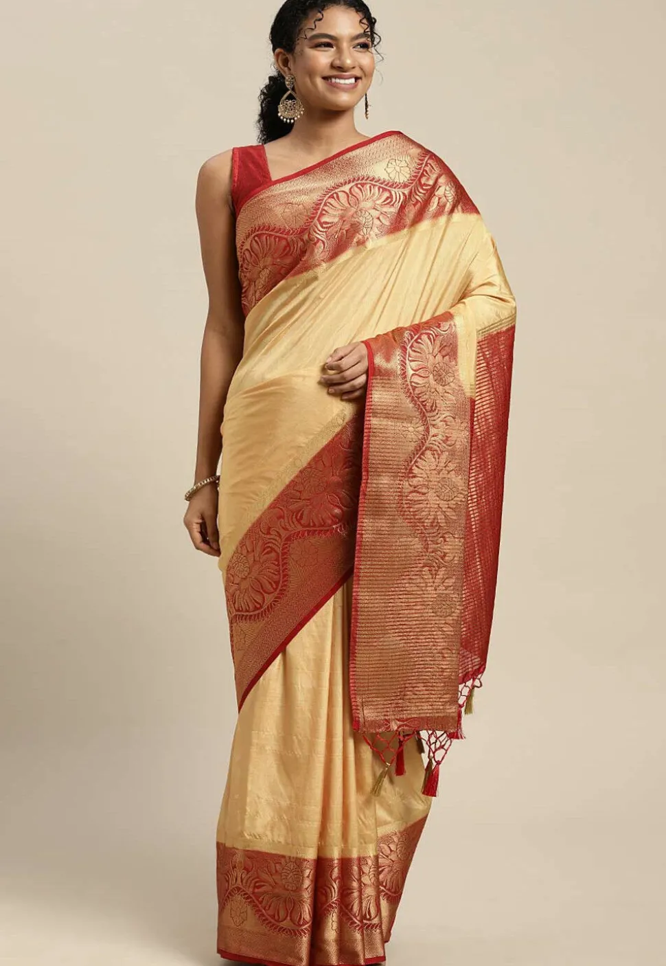 Woven Bangalore Silk Saree in Beige