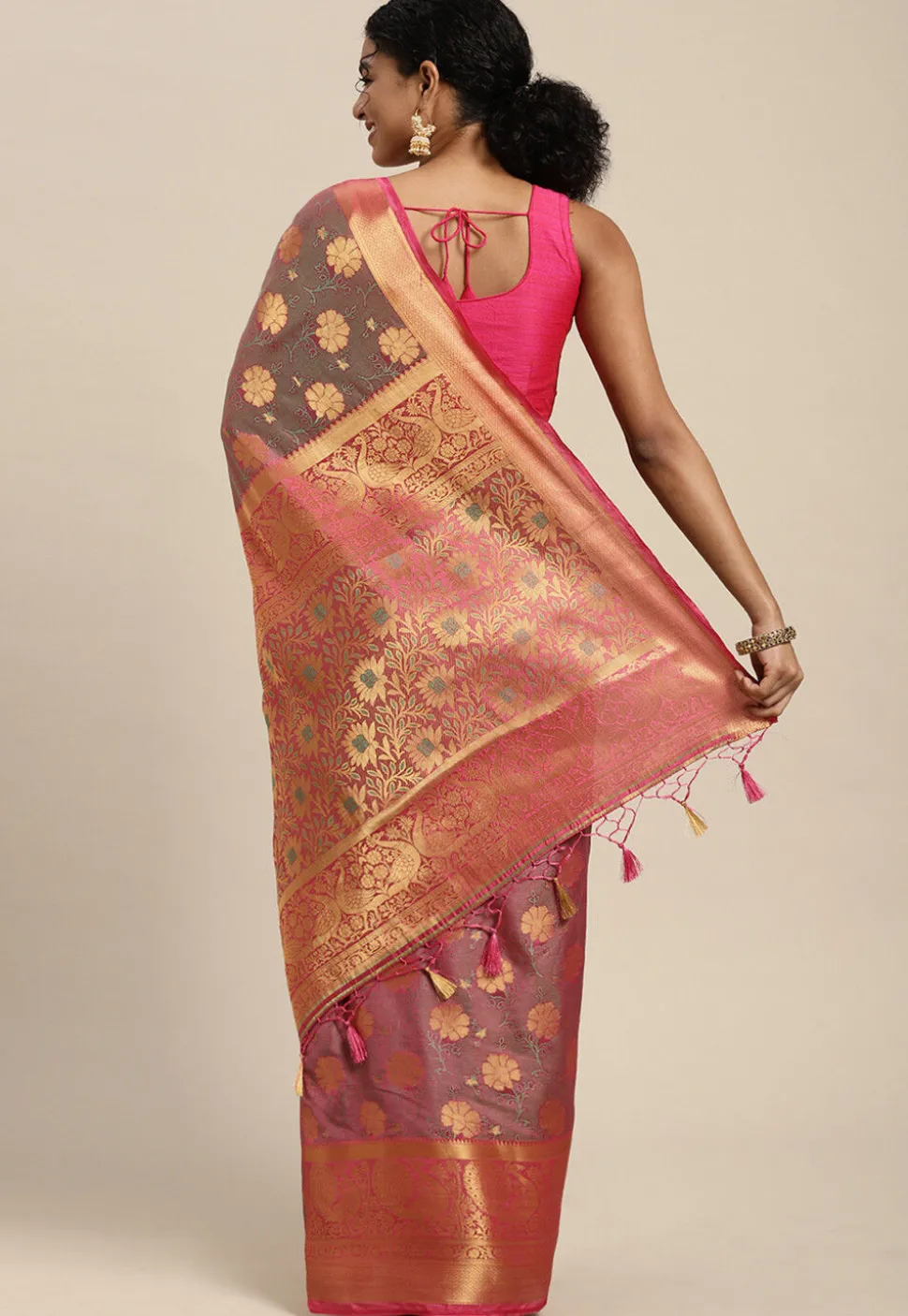Woven Bangalore Silk Saree in Pink