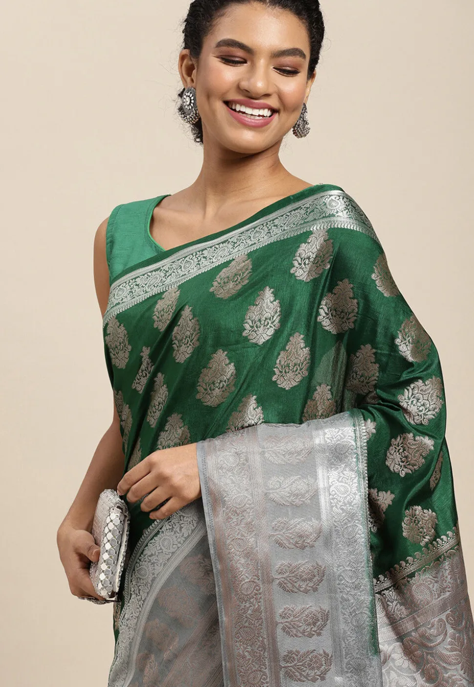Woven Bangalore Silk Saree in Dark Green