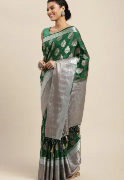 Woven Bangalore Silk Saree in Dark Green