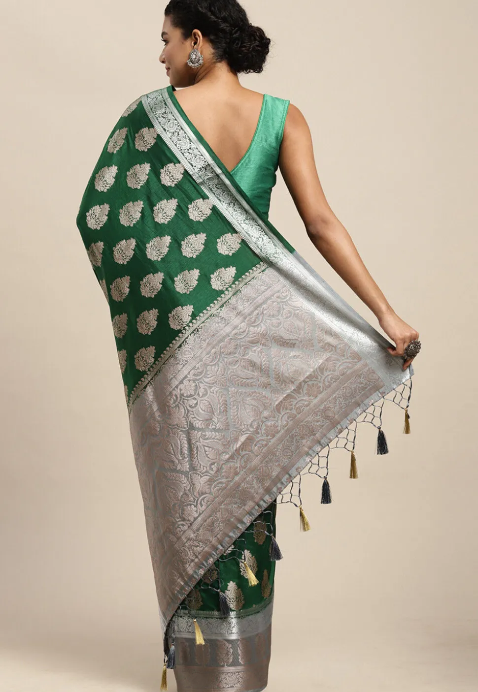Woven Bangalore Silk Saree in Dark Green