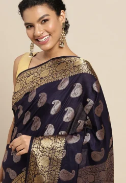 Woven Bangalore Silk Saree in Navy Blue