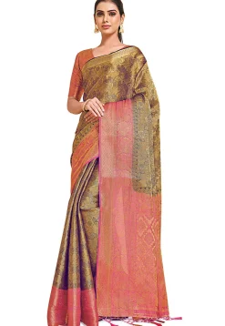 Woven Bangalore Silk Saree in Golden and Dark Blue