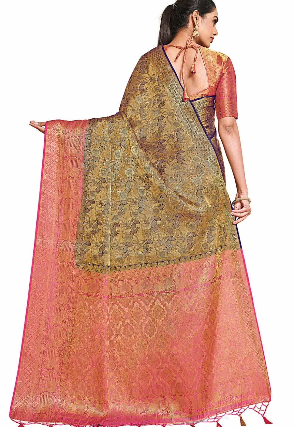 Woven Bangalore Silk Saree in Golden and Dark Blue