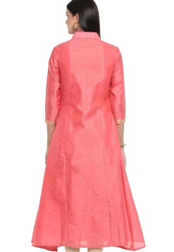 Woven Bhagalpuri Silk A Line Front Slit Kurta in Baby Pink