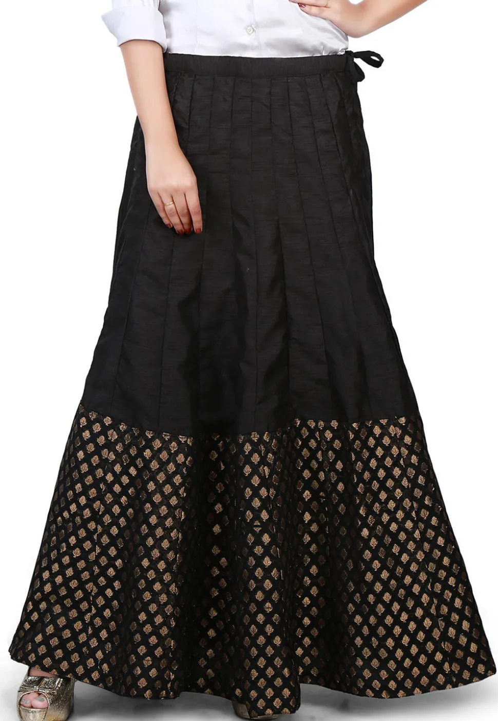 Woven Bhagalpuri Silk Long Skirt in Black