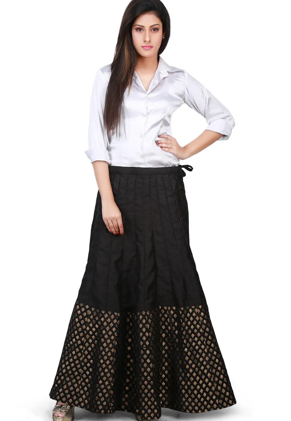 Woven Bhagalpuri Silk Long Skirt in Black