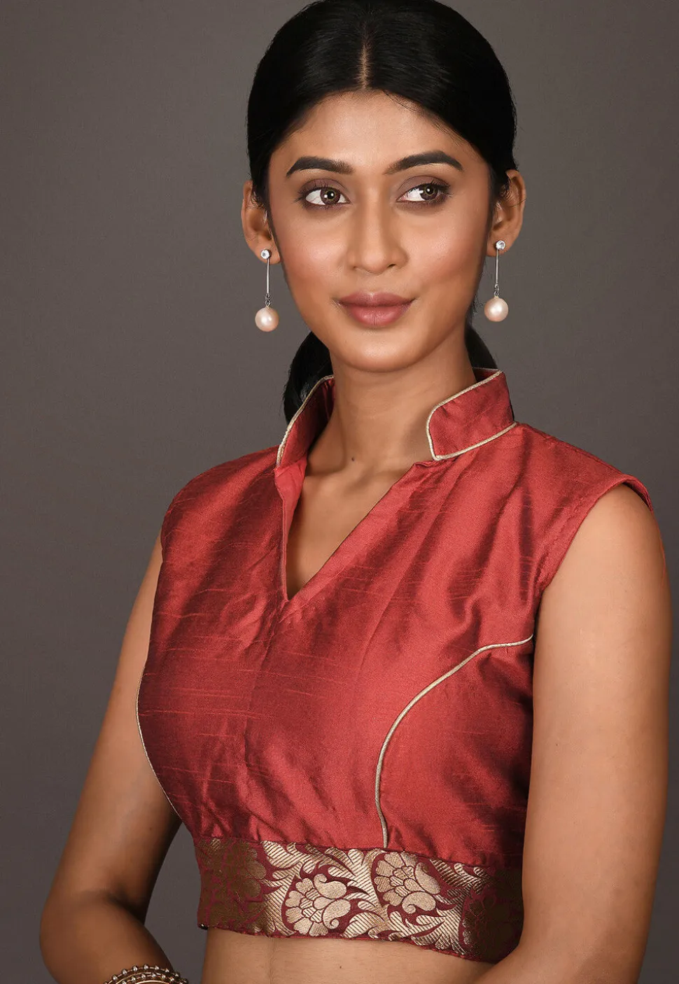 Woven Border Art Silk Blouse in Maroon