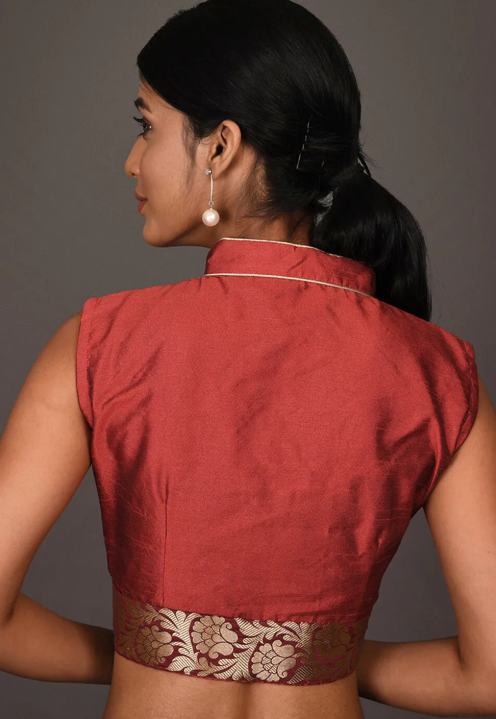 Woven Border Art Silk Blouse in Maroon