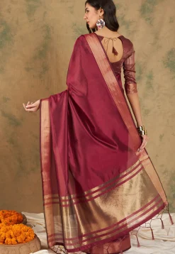 Woven Border Cotton Silk Saree in Maroon