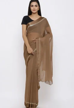 Woven Border Georgette Saree in Brown