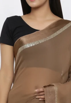 Woven Border Georgette Saree in Brown