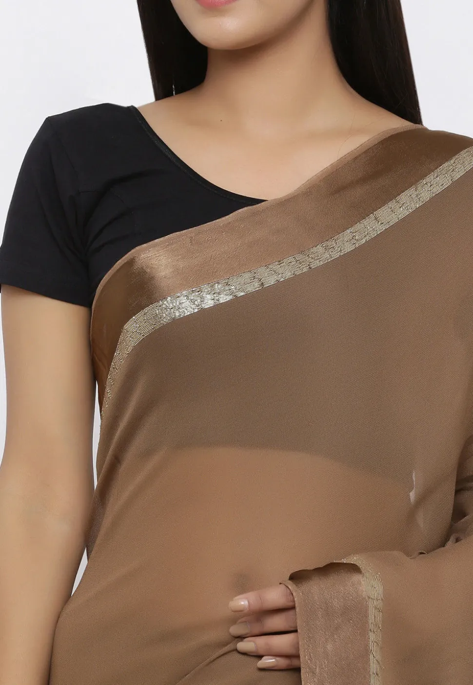 Woven Border Georgette Saree in Brown