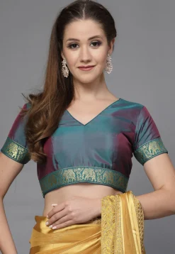 Woven Border Matka Silk Blouse in Teal Blue