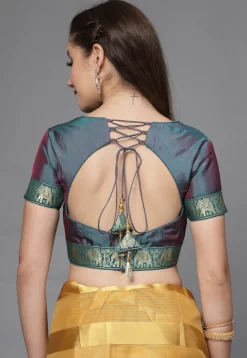 Woven Border Matka Silk Blouse in Teal Blue