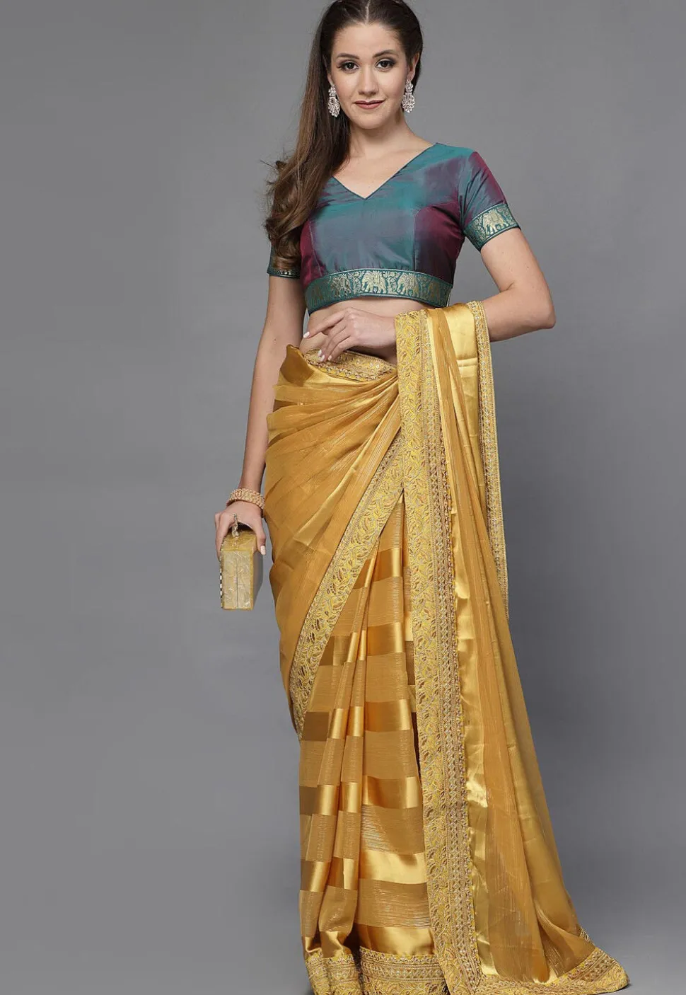 Woven Border Matka Silk Blouse in Teal Blue