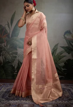 Woven Border Tissue Silk Saree in Peach