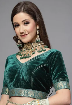 Woven Border Velvet Blouse in Teal Green
