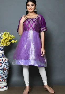 Woven Brocade A Line Kurti in Purple