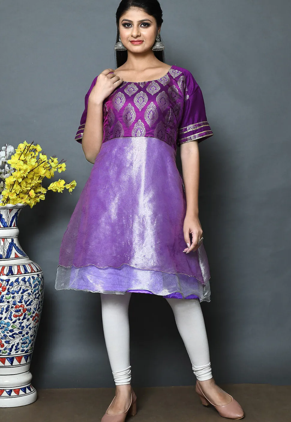Woven Brocade A Line Kurti in Purple