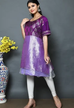 Woven Brocade A Line Kurti in Purple