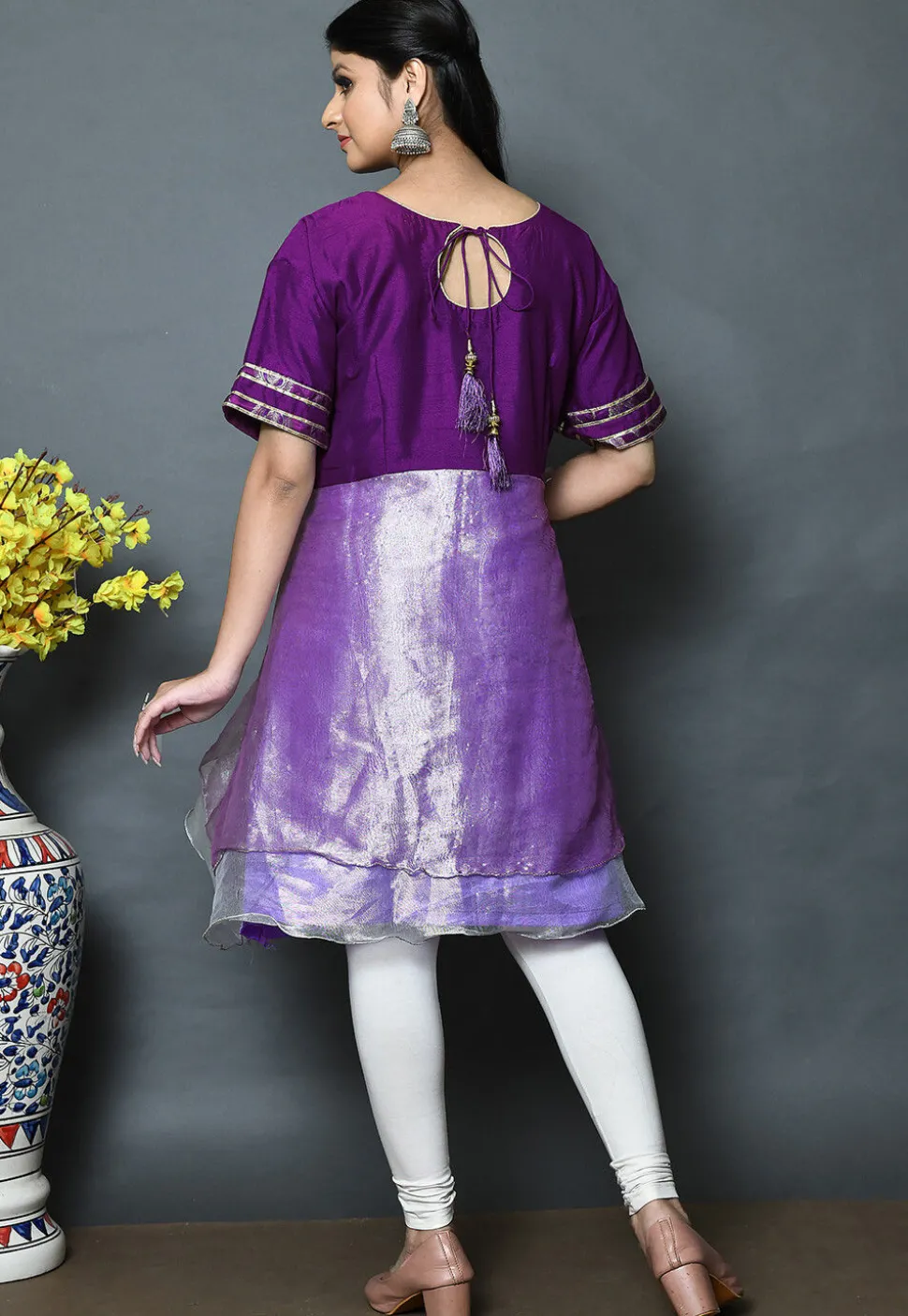 Woven Brocade A Line Kurti in Purple