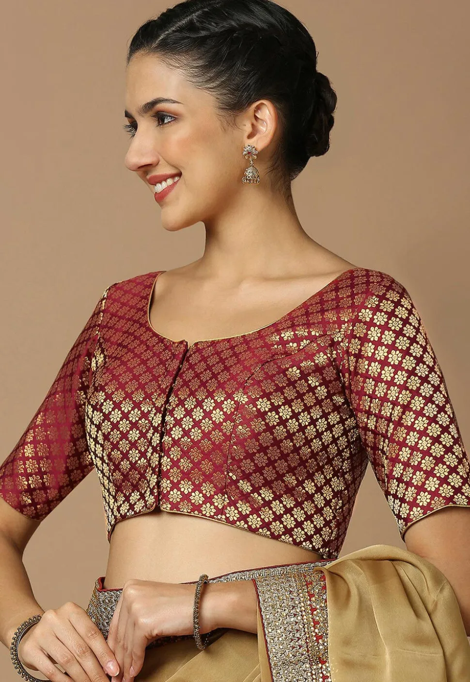 Woven Brocade Blouse in Maroon and Golden