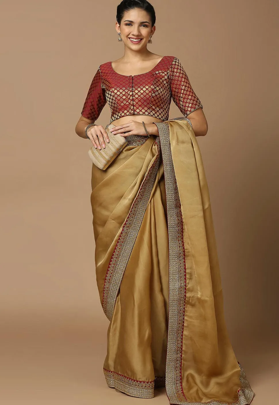 Woven Brocade Blouse in Maroon and Golden